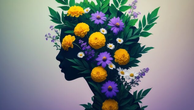 Floral Woman Silhouette Art Print Botanical Yellow Purple Flowers