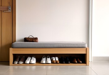 A minimalist bench with storage underneath, featuring a gray cushion and a row of shoes neatly arranged on two shelves.