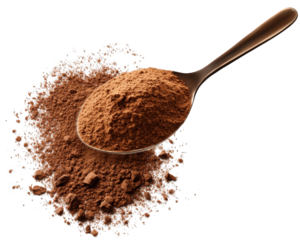 spoonful of cocoa powder sits atop mound, showcasing its rich texture and color, perfect for baking or adding flavor to desserts