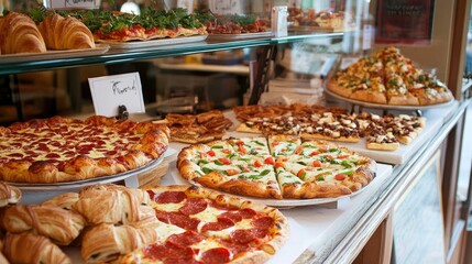 Freshly Baked Pizza and Pastries Displayed in a Bakery Showcase