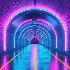 A futuristic tunnel illuminated by vibrant neon blue and pink lights