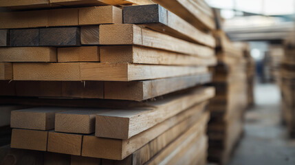 Stack of wooden planks ready for construction in the warehouse