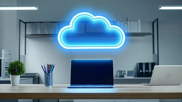 Cloud Computing Concept: The image showcases a laptop on a desk in a modern office setting, with a glowing cloud symbol hovering above, representing the concept of cloud computing and data storage.