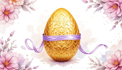 Golden decorative Easter egg with ribbon and glitter