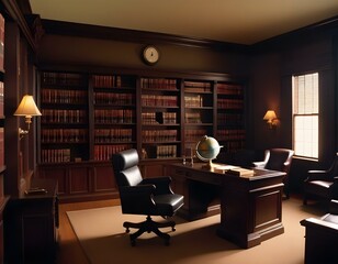 lawyer's office, with dark wood furniture