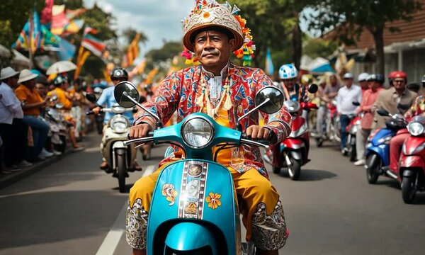 Colorful parade featuring a man in traditional attire riding a scooter amidst a vibrant celebration
