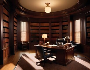 lawyer's office, with dark wood furniture