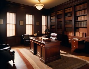 lawyer's office, with dark wood furniture
