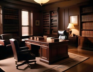 lawyer's office, with dark wood furniture
