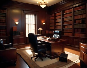 lawyer's office, with dark wood furniture