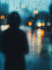 Obraz premium Melancholic raindrops create a reflective moment with a lonely figure against blurred city lights in soft blue and gray hues