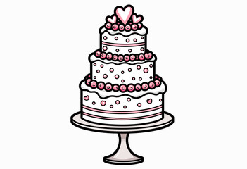 Celebrate Love with a Three-Tiered Cake: Delight in this Festive Dessert, Adorned with Pink Frosting, Delicate Sprinkles, and Charming Red Heart Toppers, Perfect for Anniversaries and Weddings.

