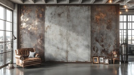 Loft apartment interior design, industrial wall, sunlight