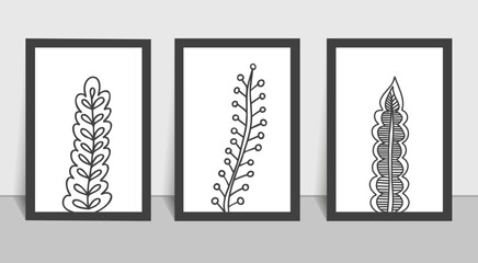 A set of wall art from 3 abstract black and white minimalistic gallery. Scandinavian style, minimalism, boho style. Interior design, rooms, offices, halls, corridors, bedrooms Vector illustration of m