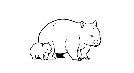 Adorable Wombat Duo Gently Stands Line Art. AI Generated