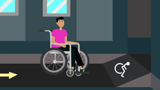 Animation of a wheelchair user going to the special access ramp, art, person.