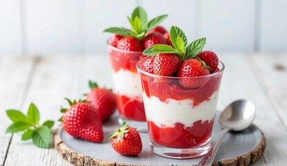 Italian dessert panna cotta in glass with strawberries. Healthy sweet food