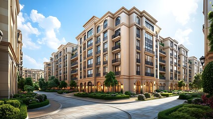 Luxury apartments, sunny city, landscaped street
