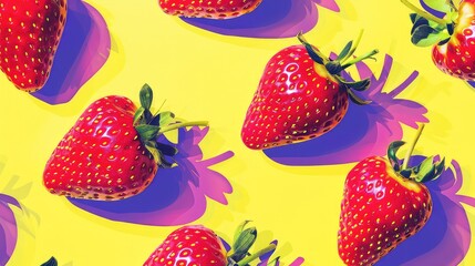 Pop-Art Strawberry Wallpaper. Bold, vibrant wallpaper with stylized pop-art strawberries in a seamless pattern, featuring neon colors and retro-inspired design. AI generated image.