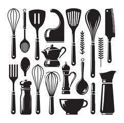 kitchen utensils set icon black silhouette vector on white background.