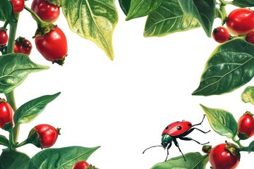 Vibrant Chili Peppers and Ladybug in a Lush Green Garden Scene