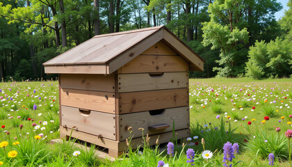 Traditional wooden beehive surrounded by wildflowers in a green meadow