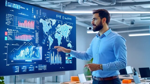 Analyst Presenting Data: A focused analyst stands before a large screen displaying complex data visualizations, graphs, and a world map, gesturing during a presentation.