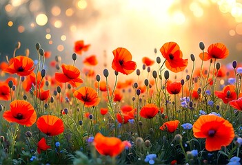 Fototapeta premium poppies and wildflowers blooming on a field during sunset.