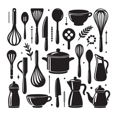 kitchen utensils set icon black silhouette vector on white background.