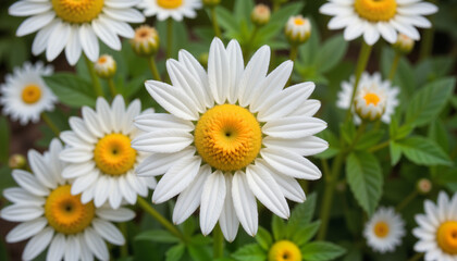 Blooming chamomile flowers in a green meadow, captured in bright sunlight for a fresh herbal tea collection
