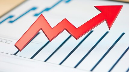 Close-up of a Upward arrow graph on a digital screen with financial charts, Symbolizes rising earnings, rising financials, and market analysis concepts.
