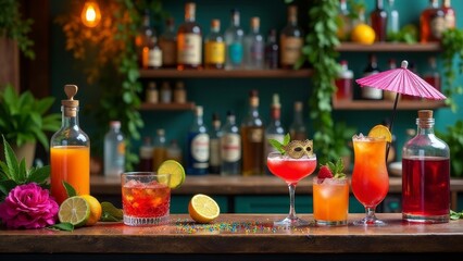 A vibrant collection of refreshing summer cocktails displayed on a bar counter, garnished with citrus fruits and playful decorations