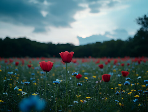 Vibrant wildflowers in open space, featuring red poppies and blue daisies, create serene landscape