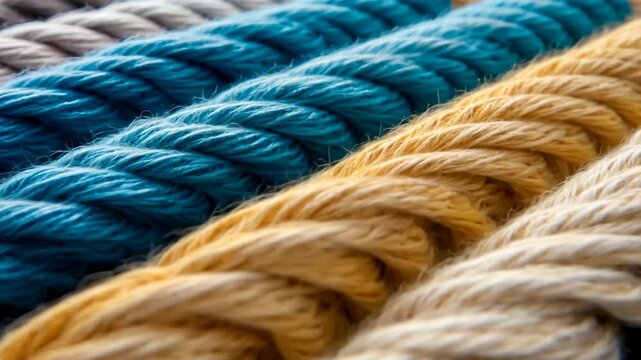 Close-up of colorful twisted ropes arranged in parallel, showcasing texture and detail