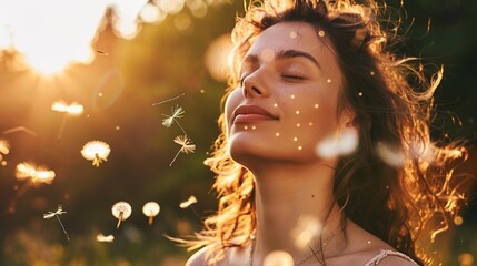 Sunset Serenity: A Boho - Style Beauty in Meditation Among Blowing Dandelion Seeds