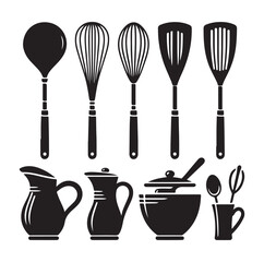 kitchen utensils set icon black silhouette vector on white background.