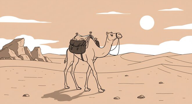 Desert Camel Silhouette Warm Light. AI Generated