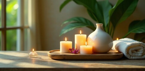 Serene Spa Setting with Lit Candles, Potpourri Vessel, and Soft Towel on Wooden Tray