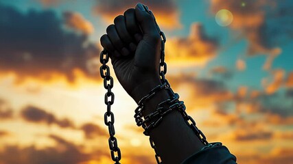 A powerful image of a raised fist breaking free from heavy chains, silhouetted against a dramatic sunset sky. Freedom, strength, empowerment and resistance. Abolition of slavery