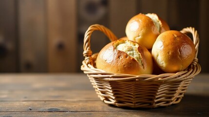 Golden-brown baked goods nestled in a rustic wicker basket, a delectable display of freshly made bread, perfect for a cozy afternoon