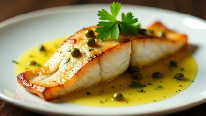 Delectable Pan-Seared Fish Fillet with Zesty Lemon Caper Sauce on a Pristine White Plate