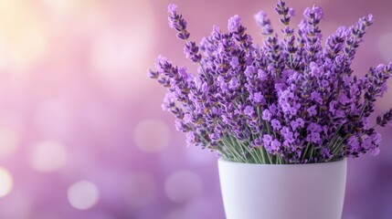 Fototapeta premium A slender lavender plant, its delicate purple blossoms nestled in a pristine white pot, stood proudly against a soft, ethereal backdrop of the lavender hue itself.