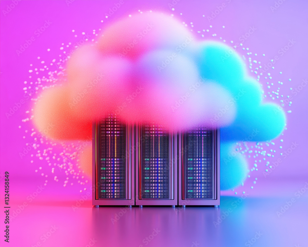 Aufkleber colorful cloud hovering over server racks, symbolizing cloud computing and data storage. vibrant hue