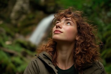 A young woman with curly hair gazing upwards in a lush green forest.