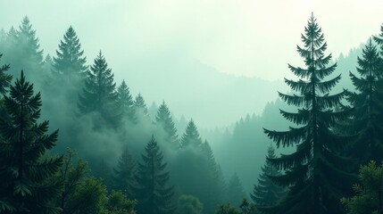 Fototapeta premium Misty Mountain Forest Enveloped in Serene Fog, A Picturesque Landscape of Evergreen Trees