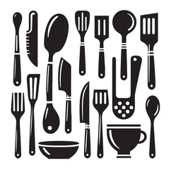 kitchen utensils set icon black silhouette vector on white background.
