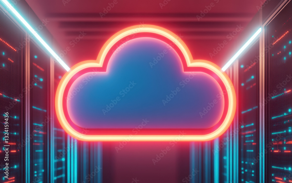Poster vibrant neon cloud symbol representing data storage, illuminated in modern server room with glowing 