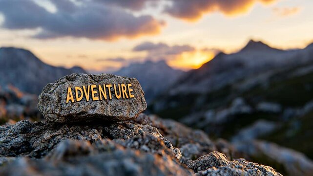 Sunset over mountains with a rock inscribed 'ADVENTURE' in the foreground, evoking exploration