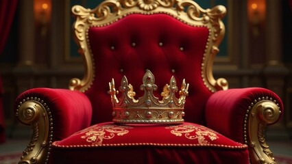 Fototapeta premium A regal golden crown adorned with precious gems rests upon a plush crimson throne, symbolizing power, authority, and legacy.