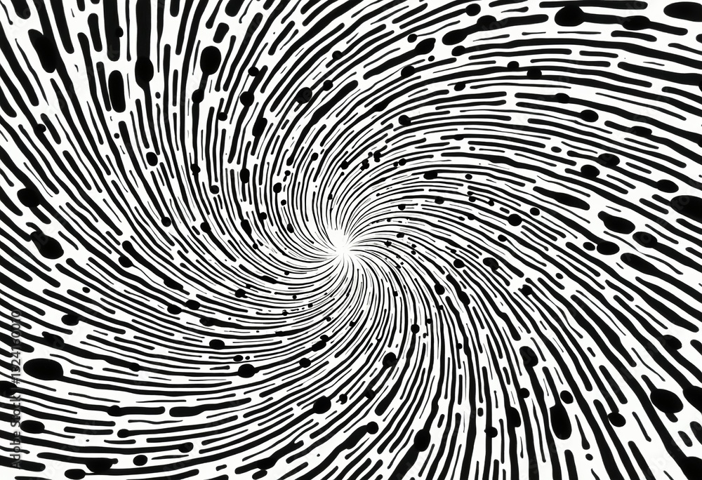 Poster engaging black and white abstract: dynamic spiraling lines and dots pattern perfect for modern backg
